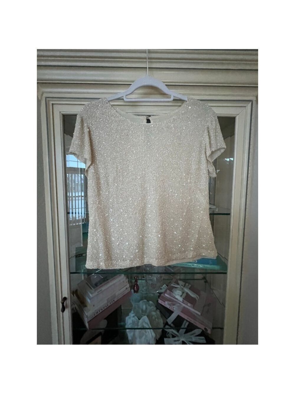 Women's Peter Nygård Beige Sequin Silk Blouse Size 8